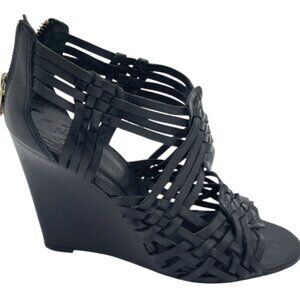 Tory Burch Black Leather Wedge Sandals Women’s 7M Woven Zip Back Brazil